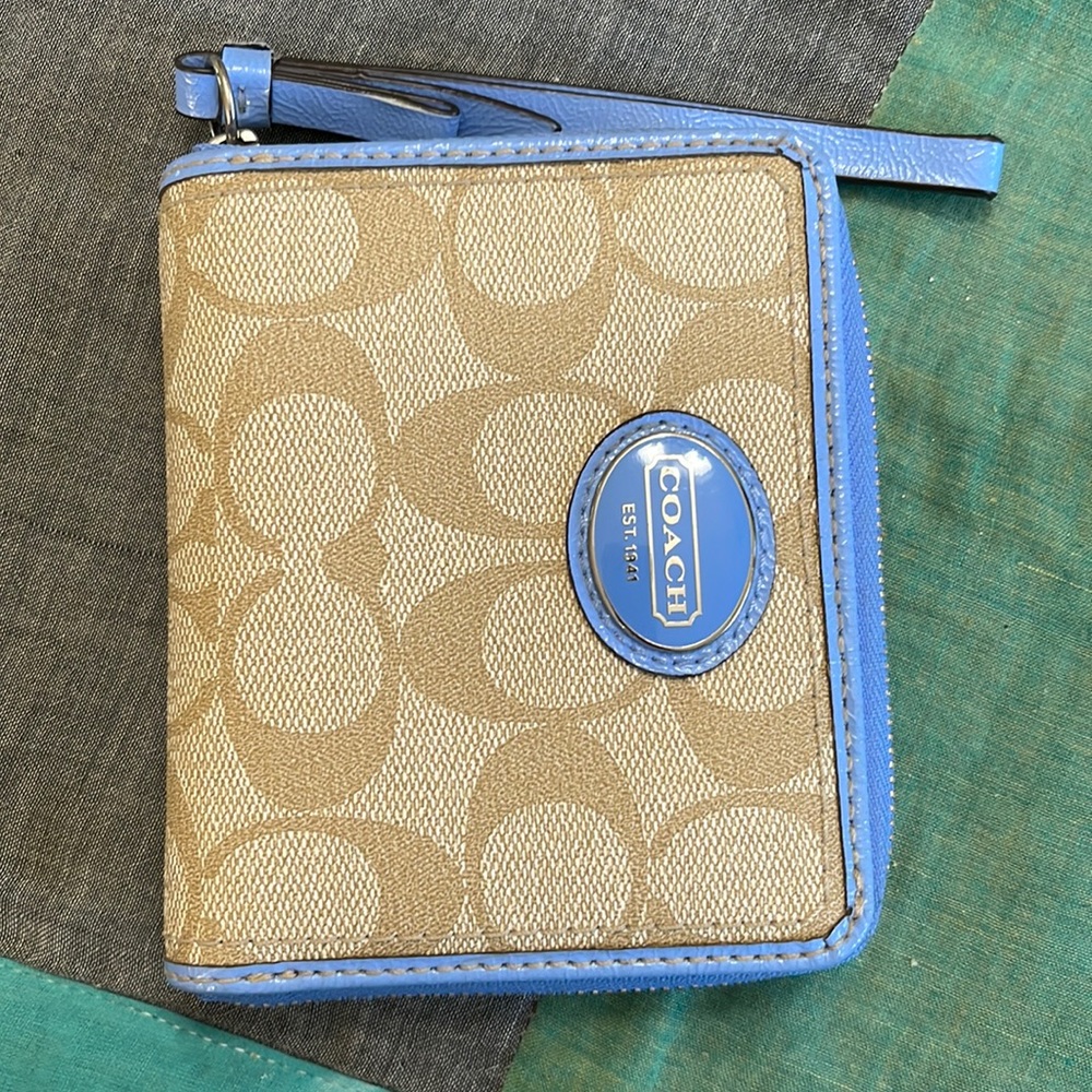 EUC COACH coated canvas CC patterned wallet with baby blue leather trim.